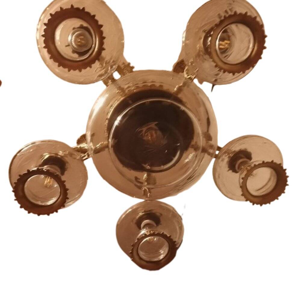 Large Gothic brass chandelier with 6 lights, 1940s.