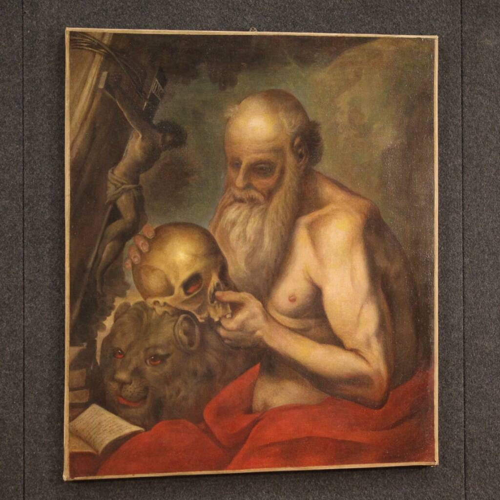 Antique religious painting from the 17th century, Saint Jerome