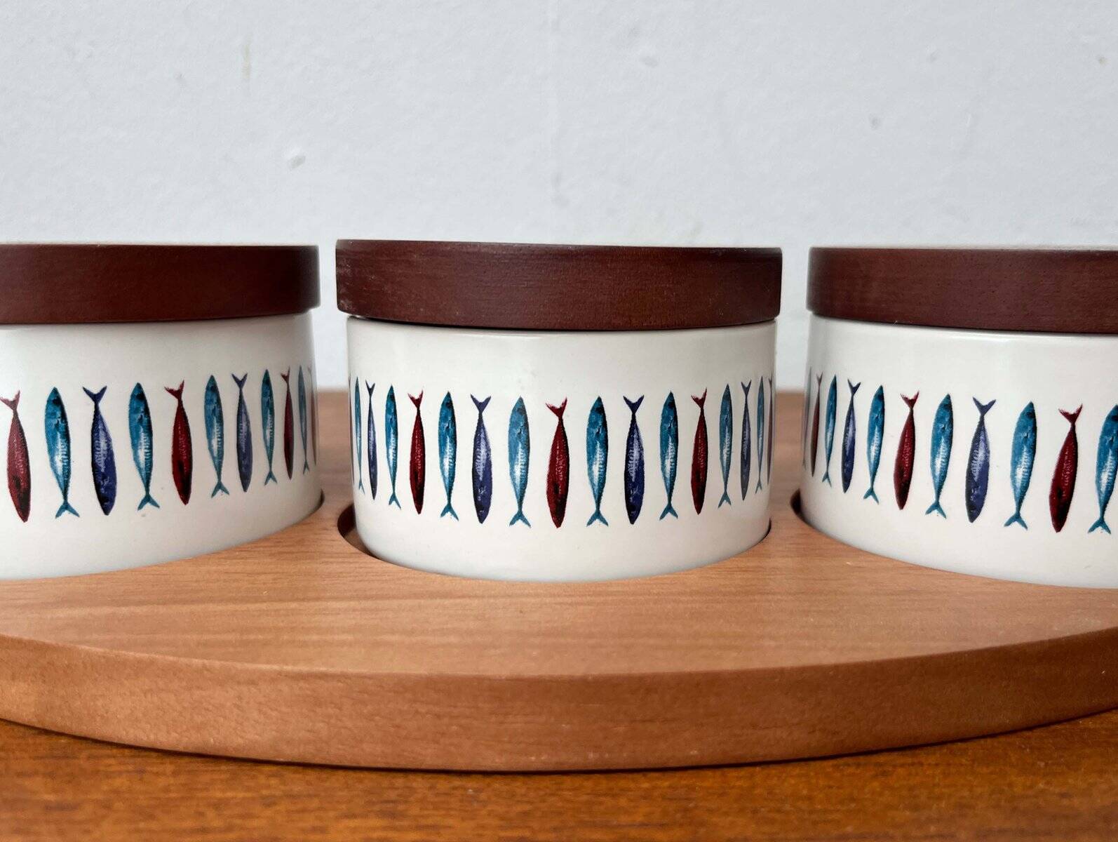 Sets of Swedish herring pots in ceramic and teak by Asa Lindberg for Sagaform, 2000s, set of 4.