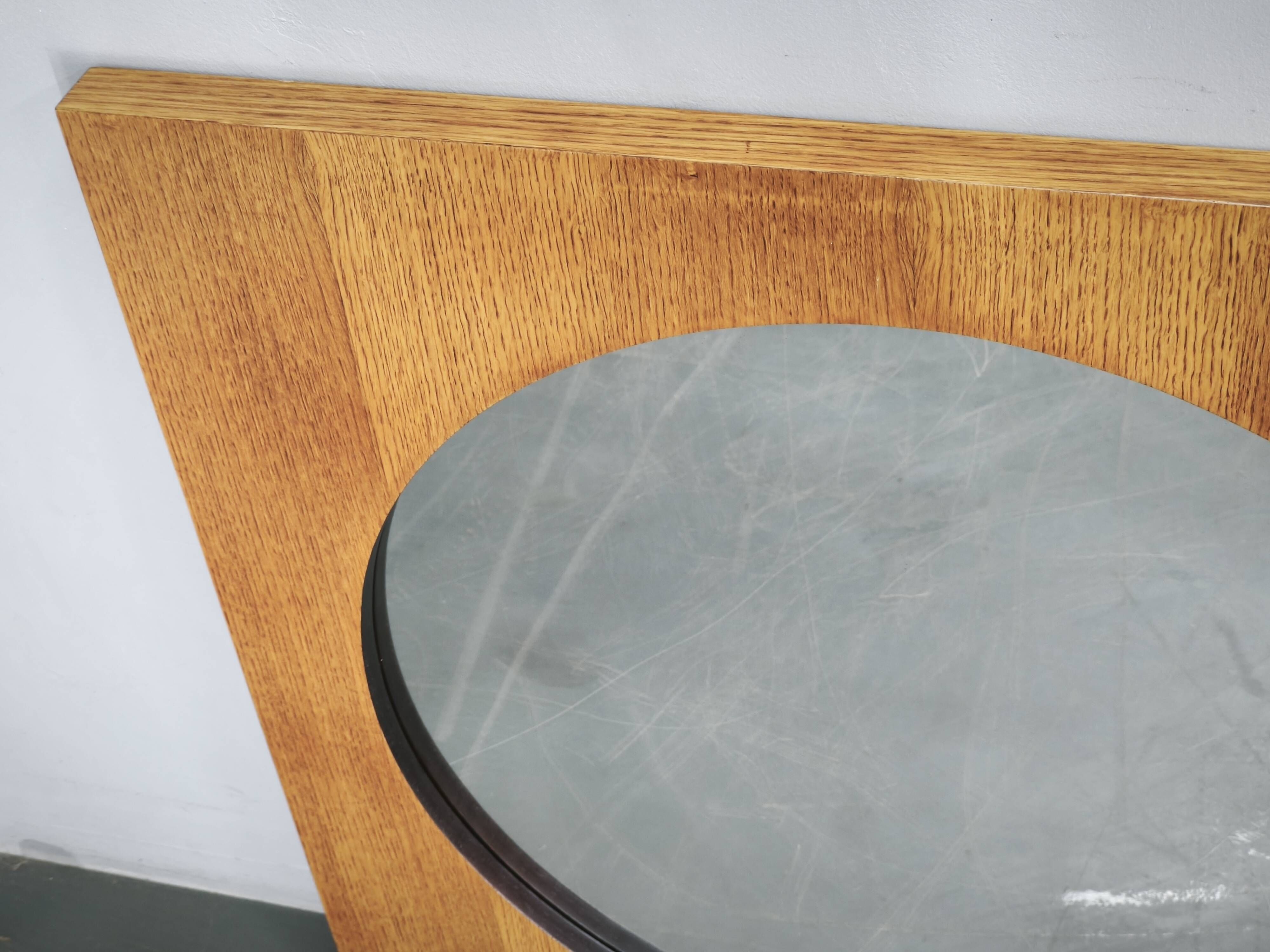 Vintage 1970s Czech Oak Veneer Square Mirror with Circular Glass