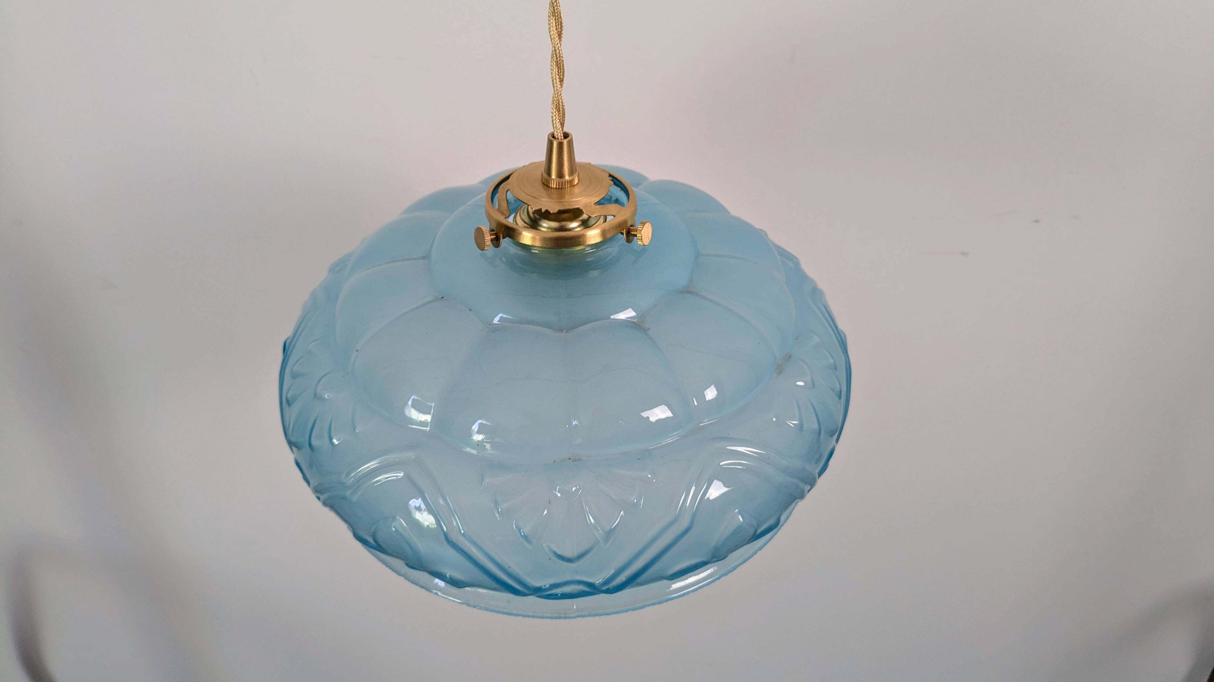 Art Deco pendant light in blue glass and brass