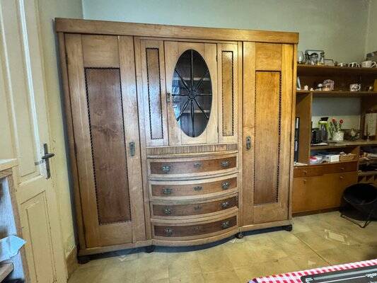 Art Deco Wooden Cabinet with Oval Glass Window and Drawers, 1930s