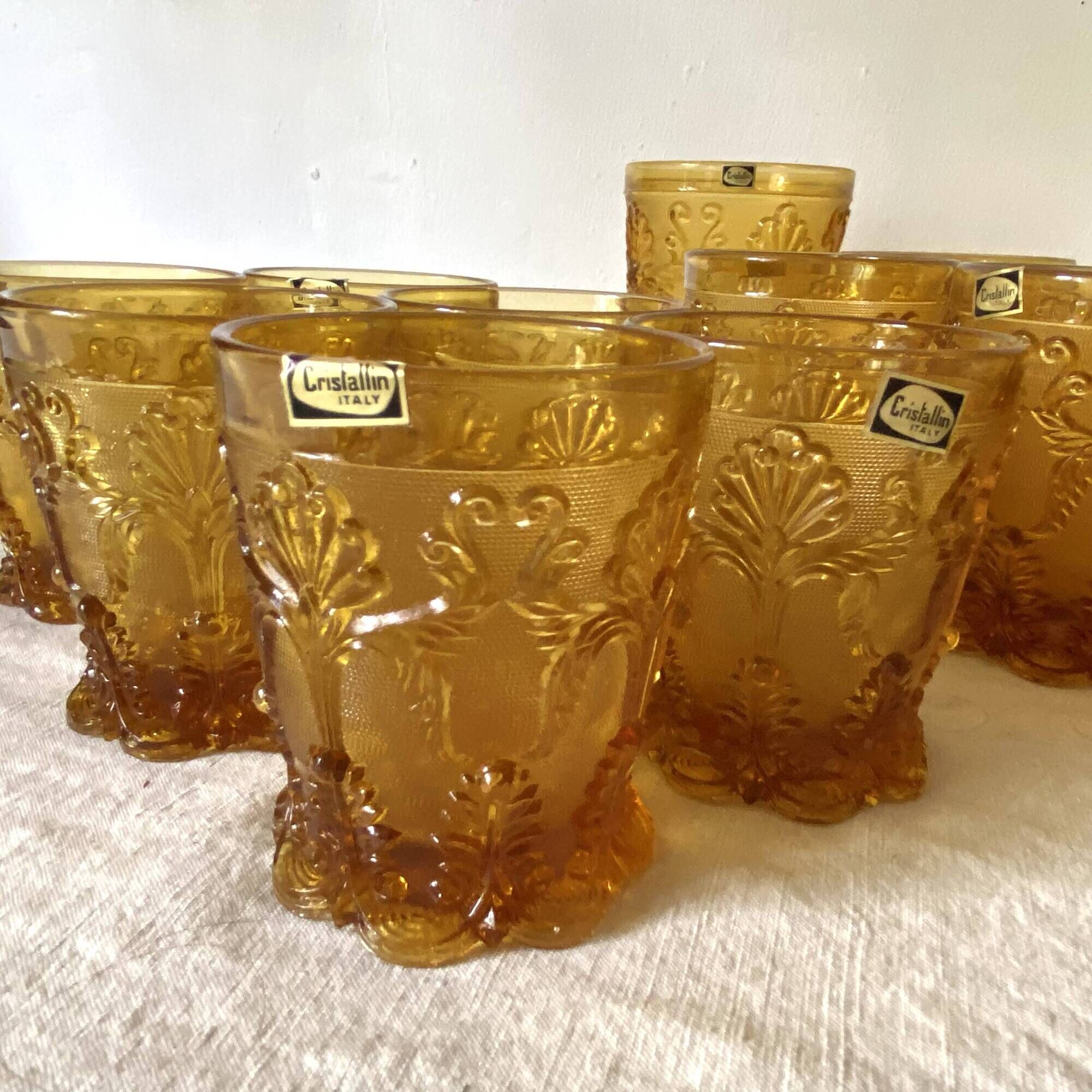 Glasses and ice bucket baroque style amber glass Italy 70s