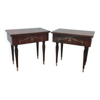 Paire de tables de chevet vintage en bois verni et dorure