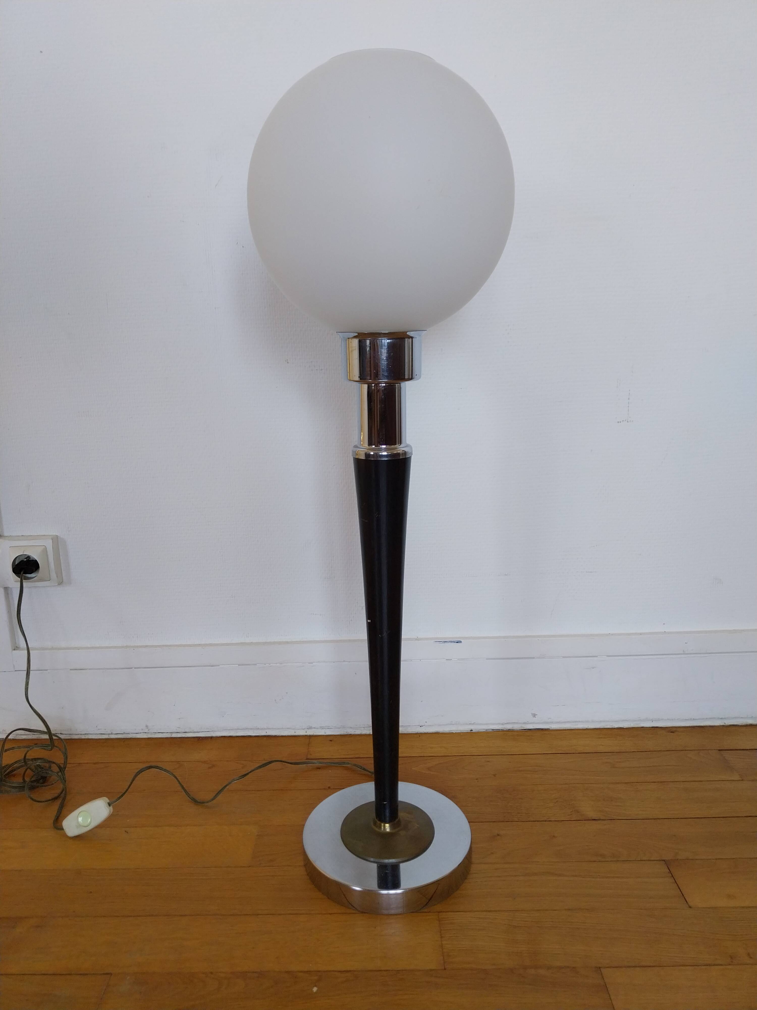 Mazda lamp chrome brass wood opaline globe