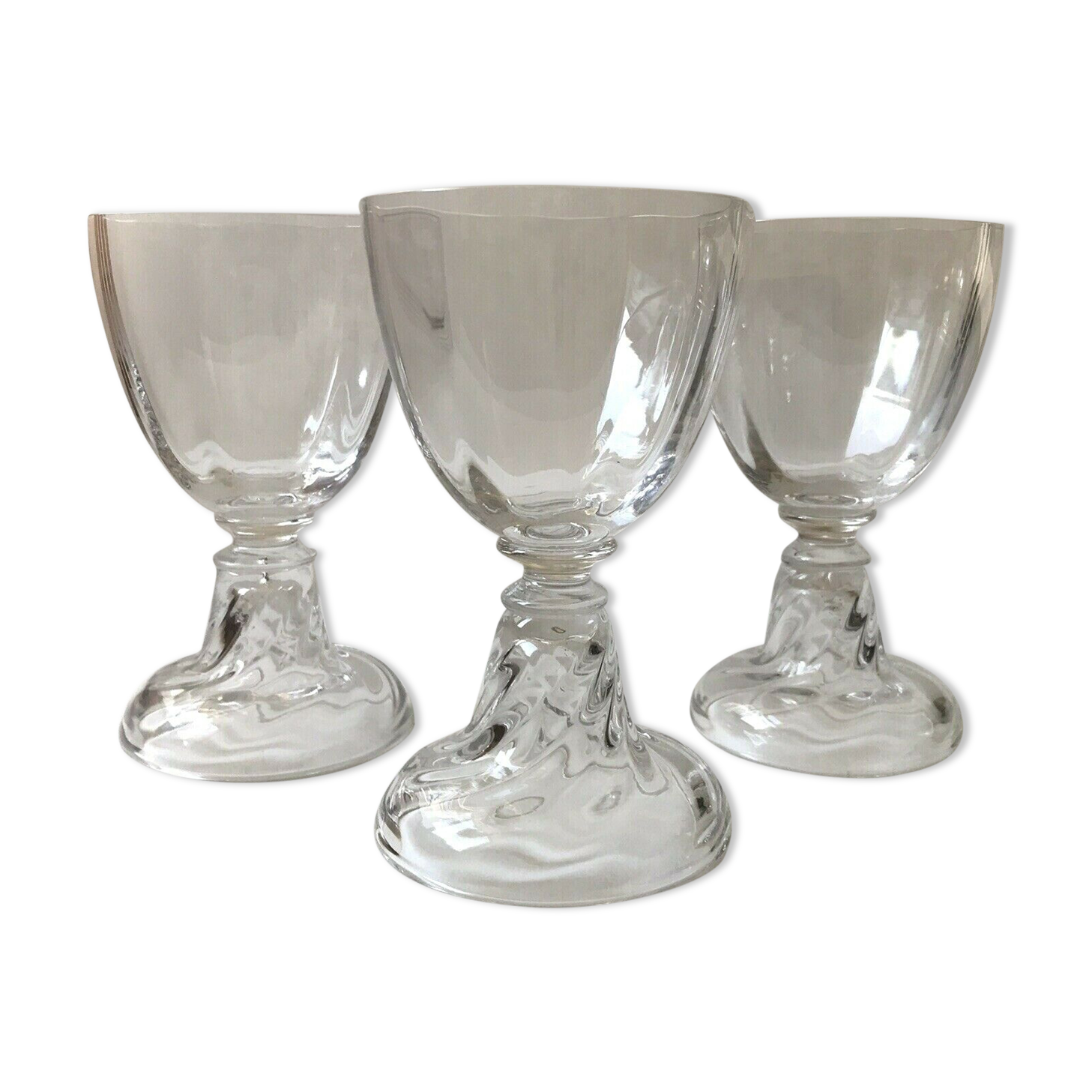 3 stunning art deco crystal wine glasses with twisted foot wide base