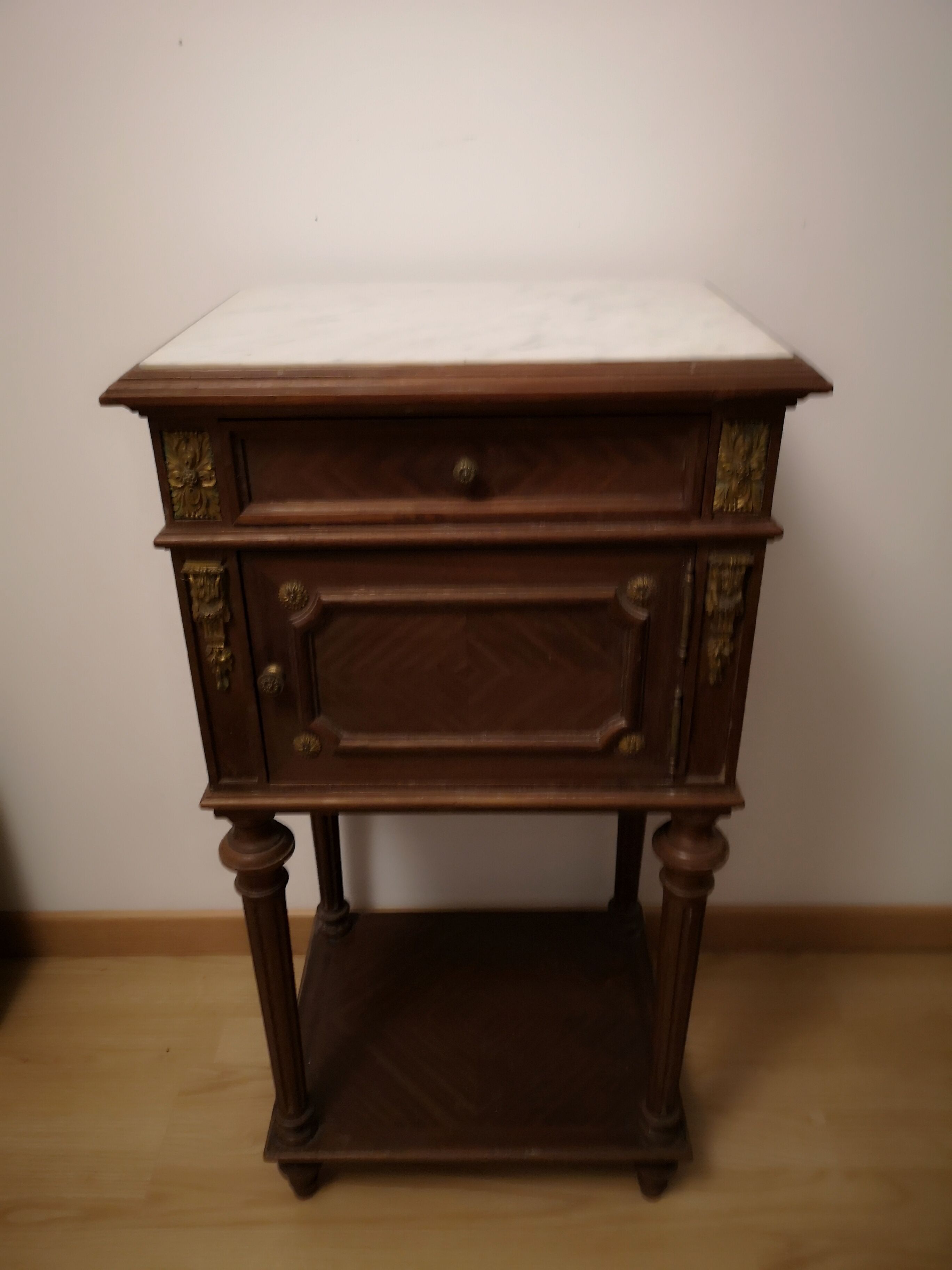 Empire style bedside table, marble tray, marble interior