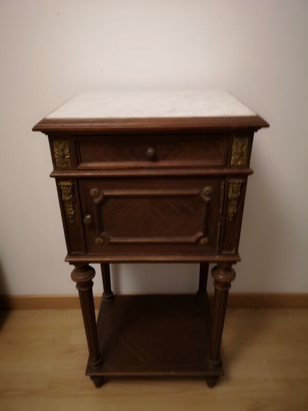 Table de chevet style empire, plateau marbre, intérieur marbre