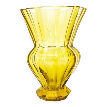 Vase Art Déco, cristal jaune, conçu par J. Hoffmann, Bohême, Tchécoslovaquie, années 1930