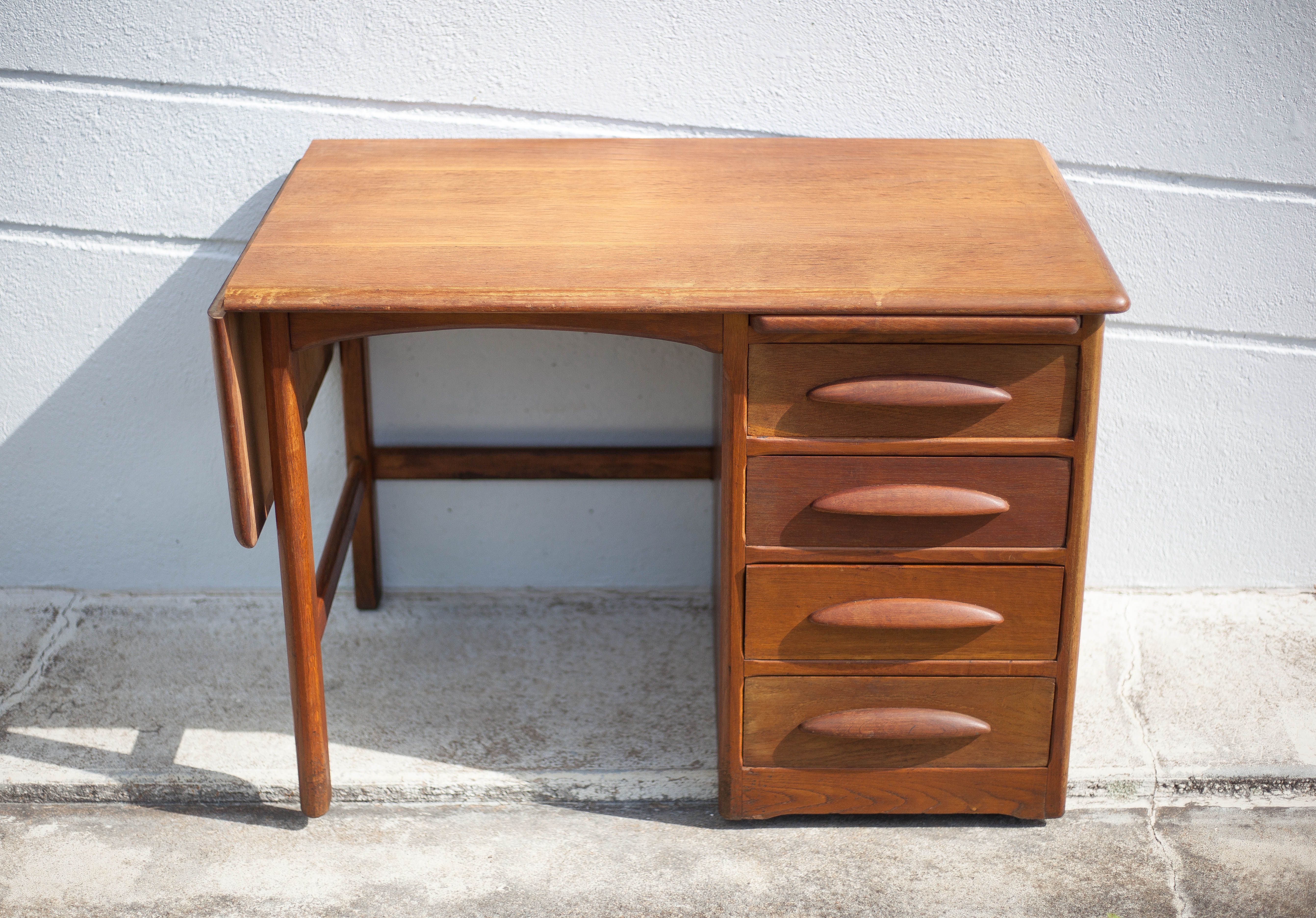 American wood desk, desk with drawers and folding extension, 50s