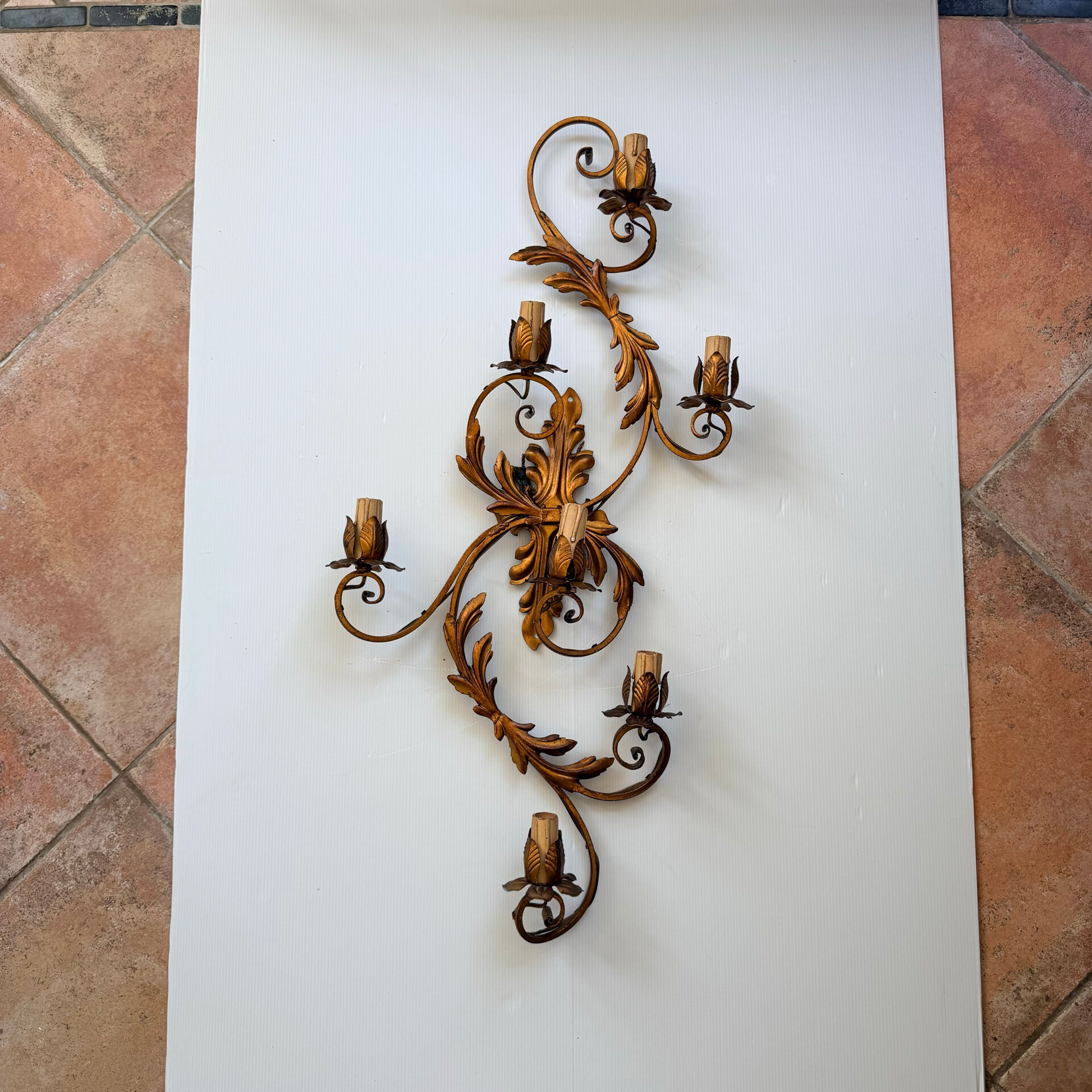 Pair of Golden Florentine Wall Lights 1950s 1960s Hollywood Regency 7 Lights