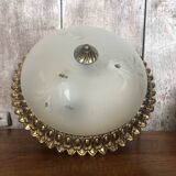 Ancien plafonnier verre gravé + contour métal doré vintage