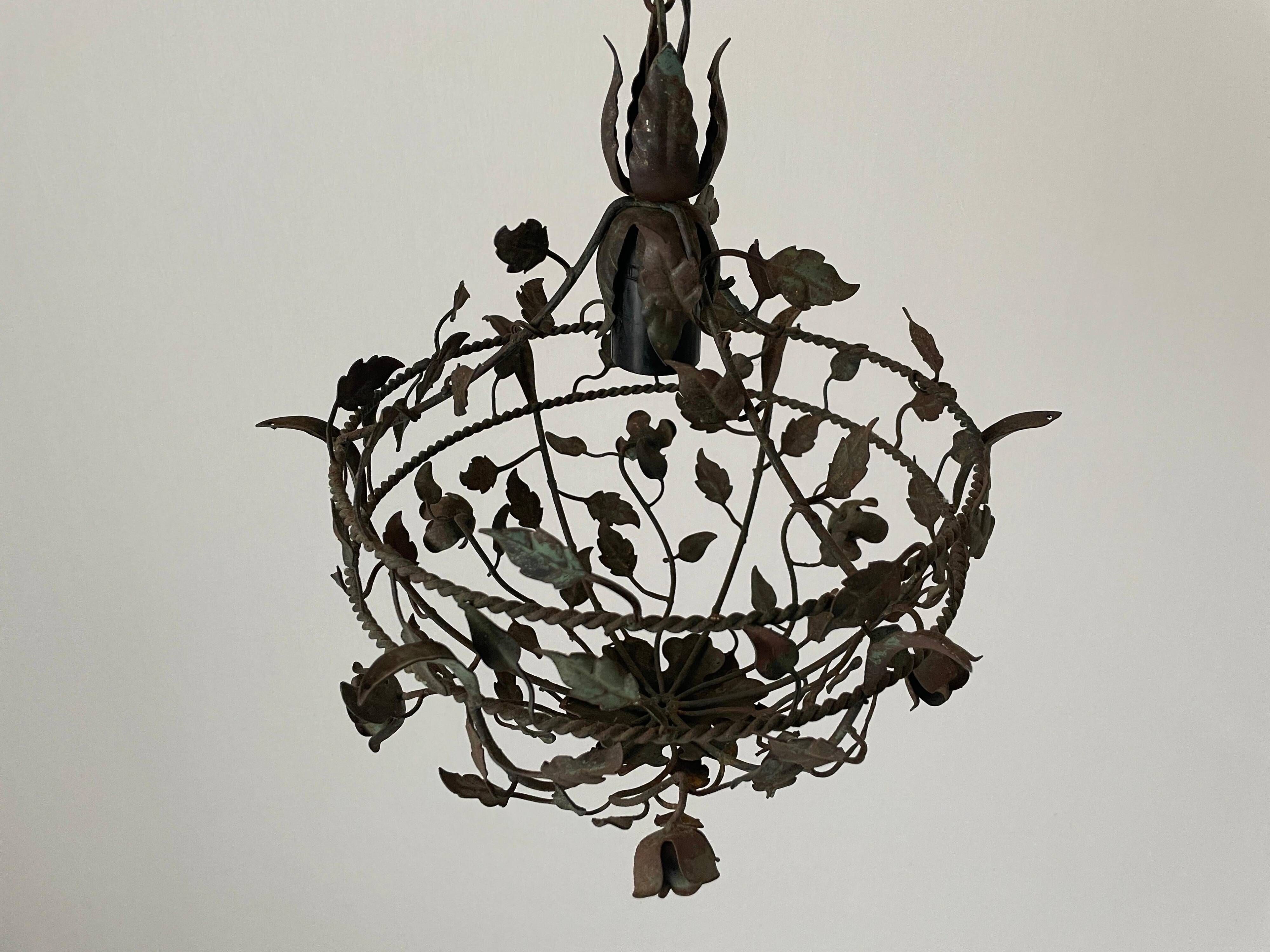 Patinated metal ceiling light with a floral and leaf pattern, 1950s, Italy.