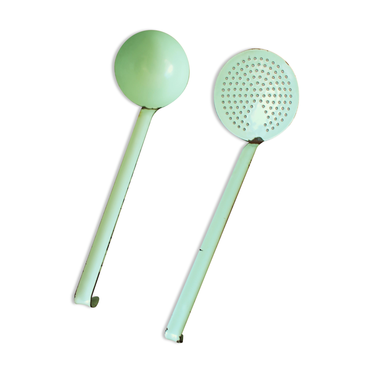 A skimmer and a ladle to hang Vintage mint enamelled sheet metal