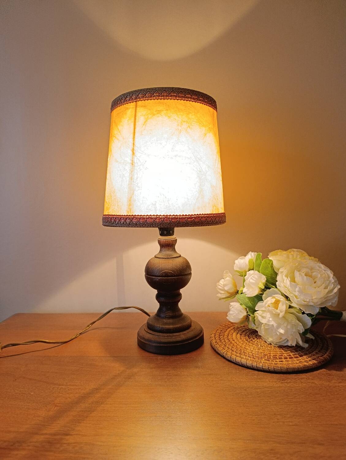 turned wooden table lamp, vintage leather shade