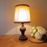 turned wooden table lamp, vintage leather shade
