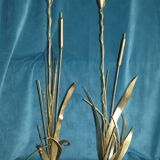 Pair of Golden Metal Lamps Reeds Work circa 1960 1970 Hollywood Regency