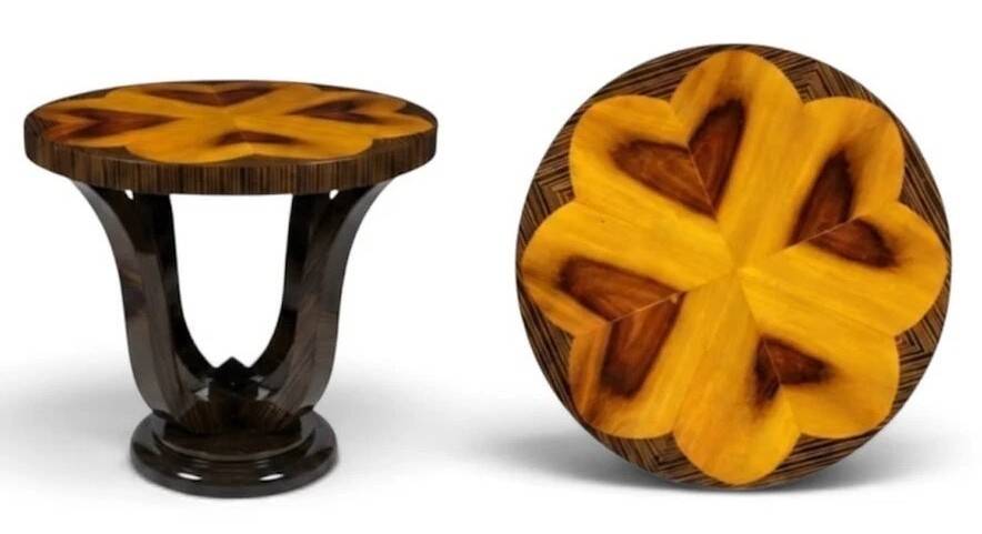 Une table d'appoint ronde Art Déco en hêtre, palissandre & loupe d'orme