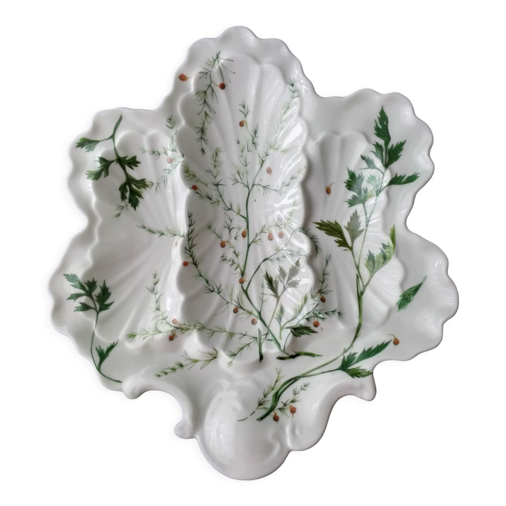 Compartmented bowl in Limoges porcelain. Aromatic plant decor