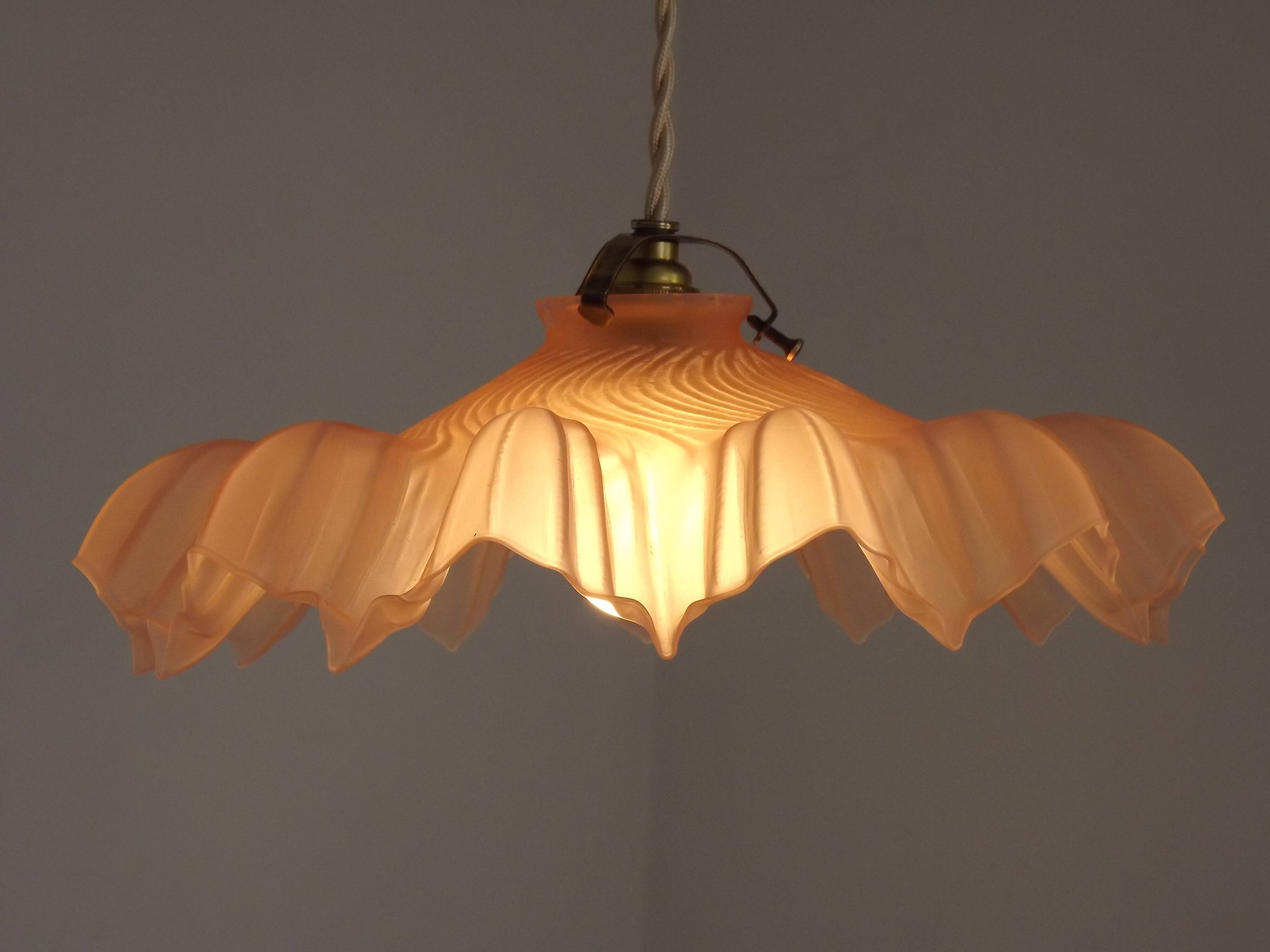 French Vintage 1930s Pink Frilled Glass Shade Hanging Light Brass Fittings