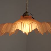 French Vintage 1930s Pink Frilled Glass Shade Hanging Light Brass Fittings