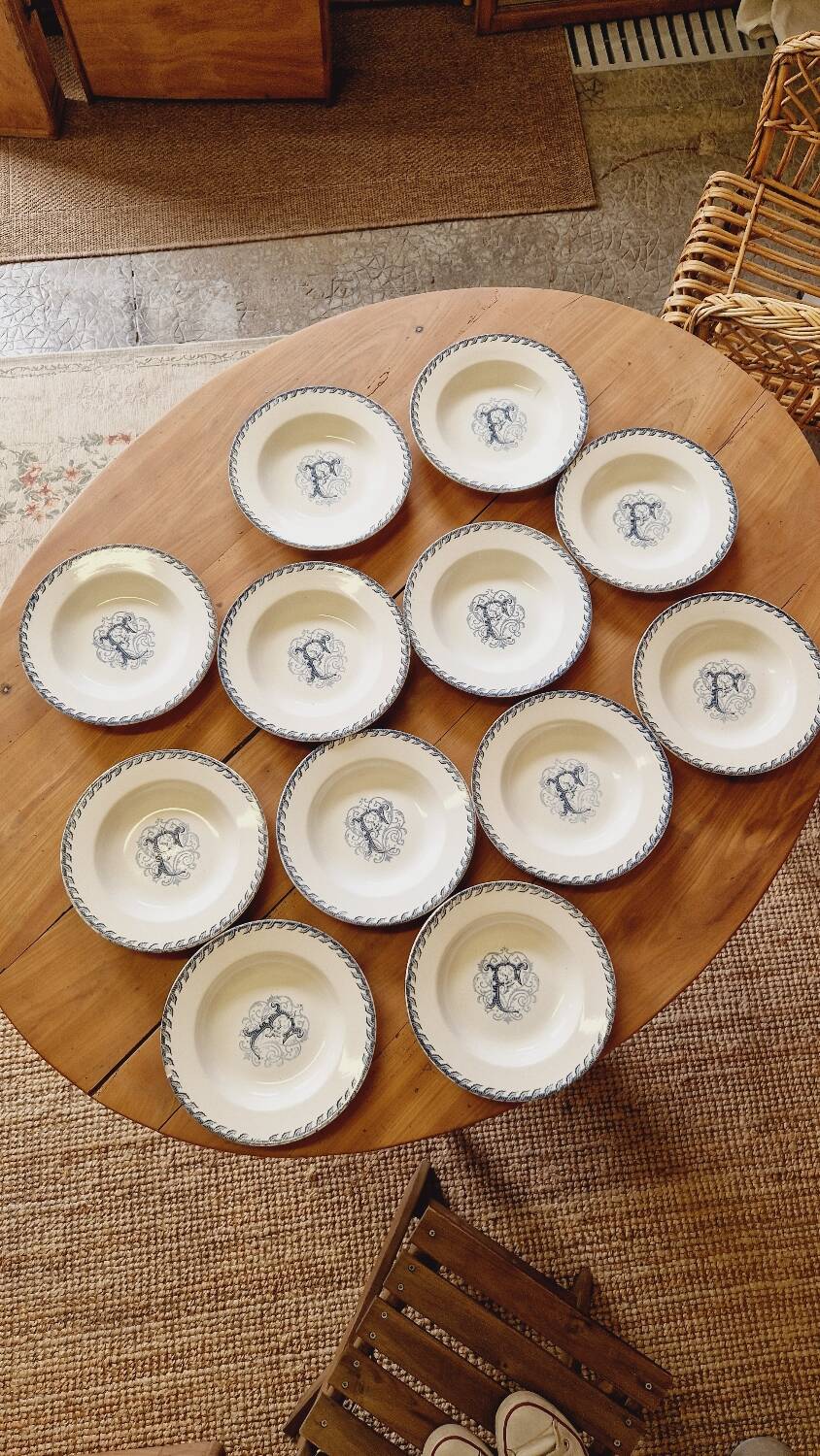 12 Luneville K&G soup plates, letter F