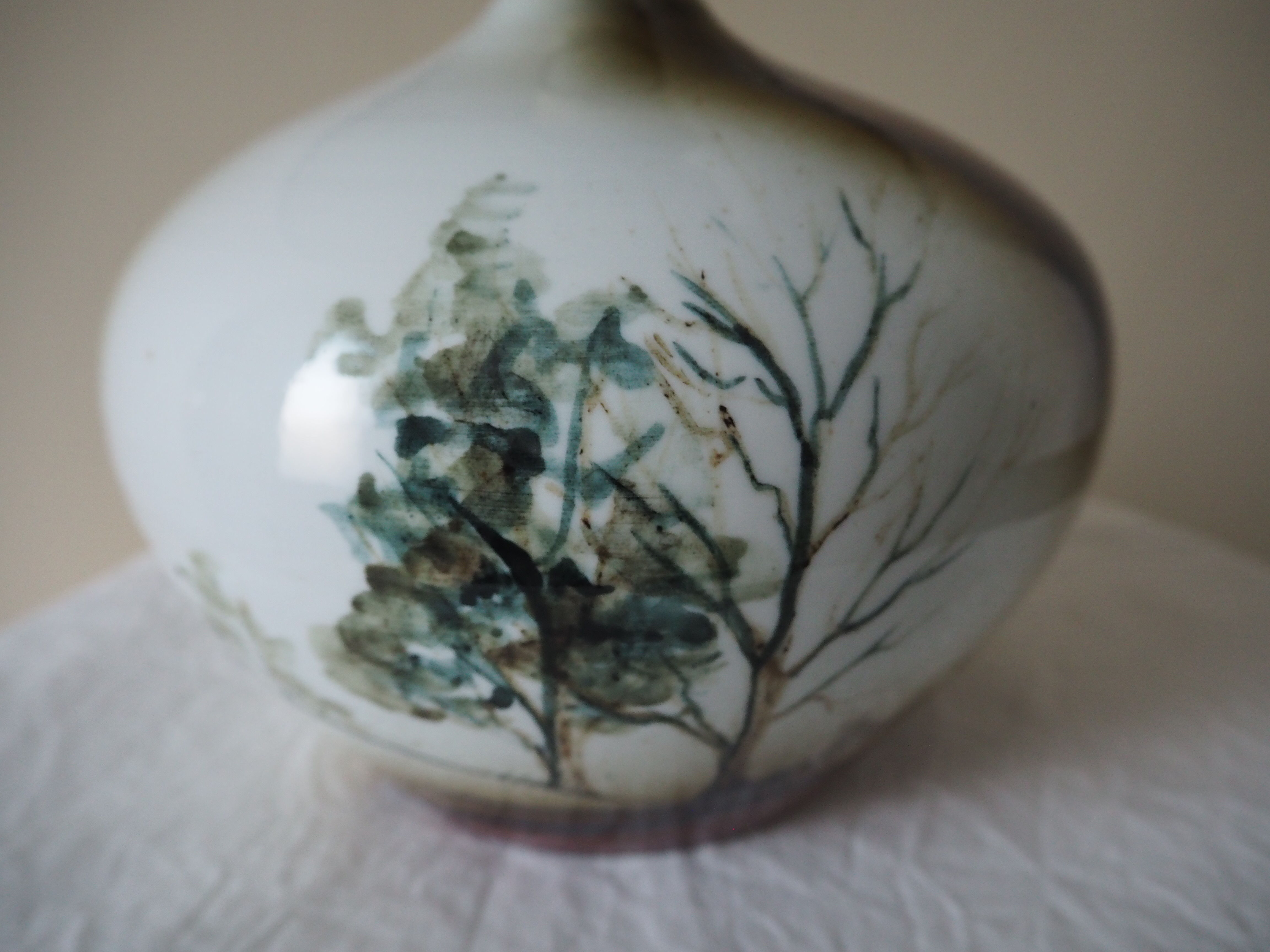 Enamelled ceramic ball lamp signed bossis and fabric lampshade