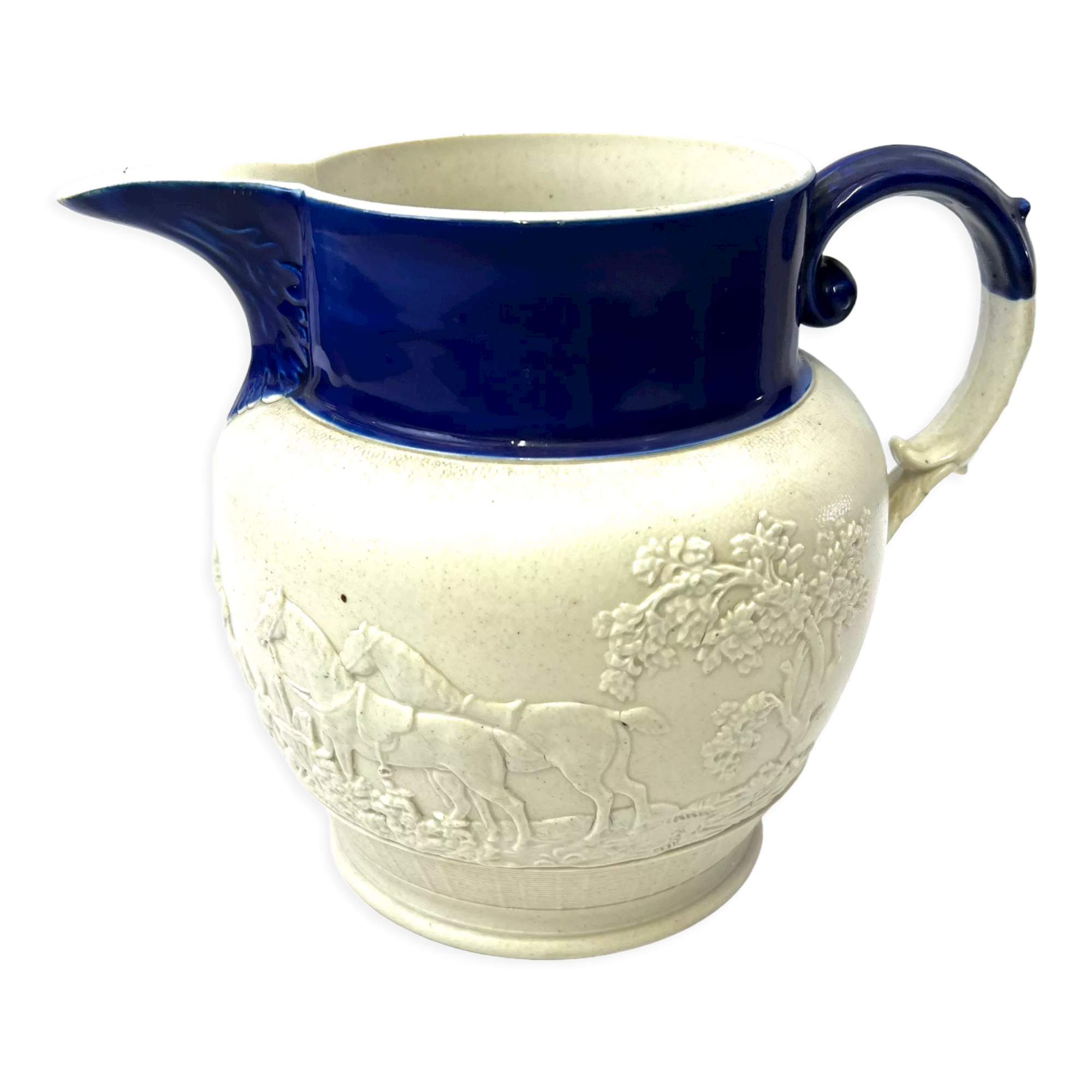 White pitcher blue pattern horses dog style Wedgwood