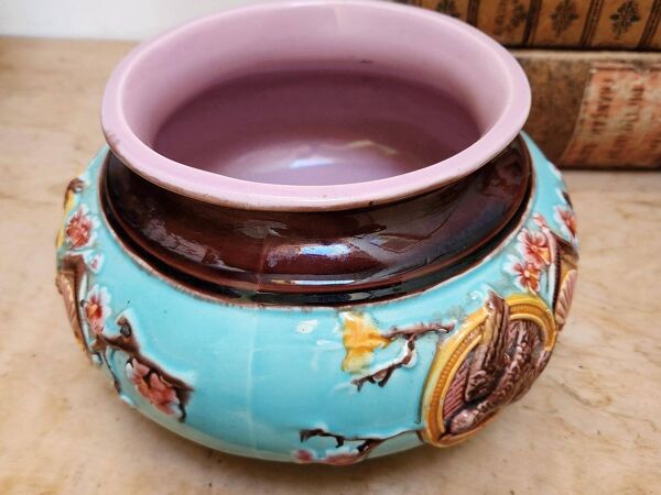 Antique Français Jardinière Barbotine Art Nouveau Style Japonais Oiseau et Éventail