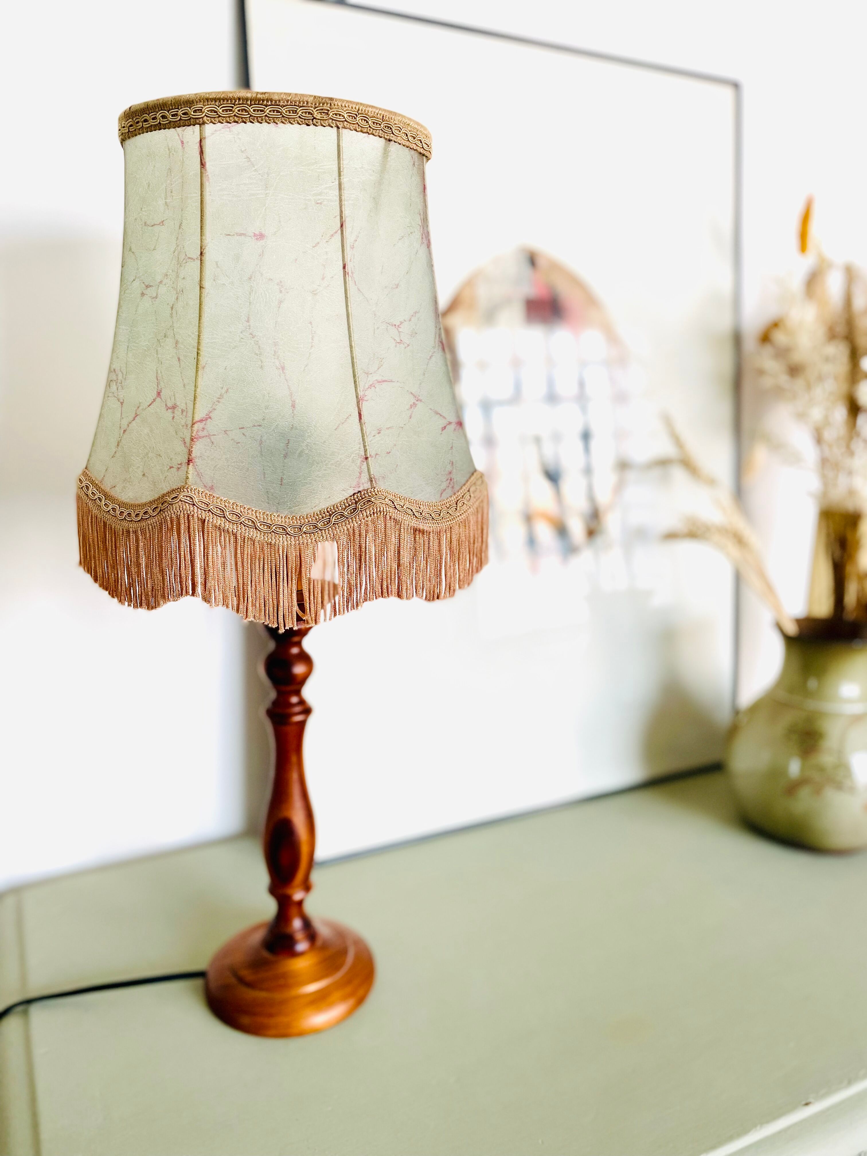 Vintage table lamp foot wood turned lampshade fringes