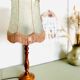 Vintage table lamp foot wood turned lampshade fringes
