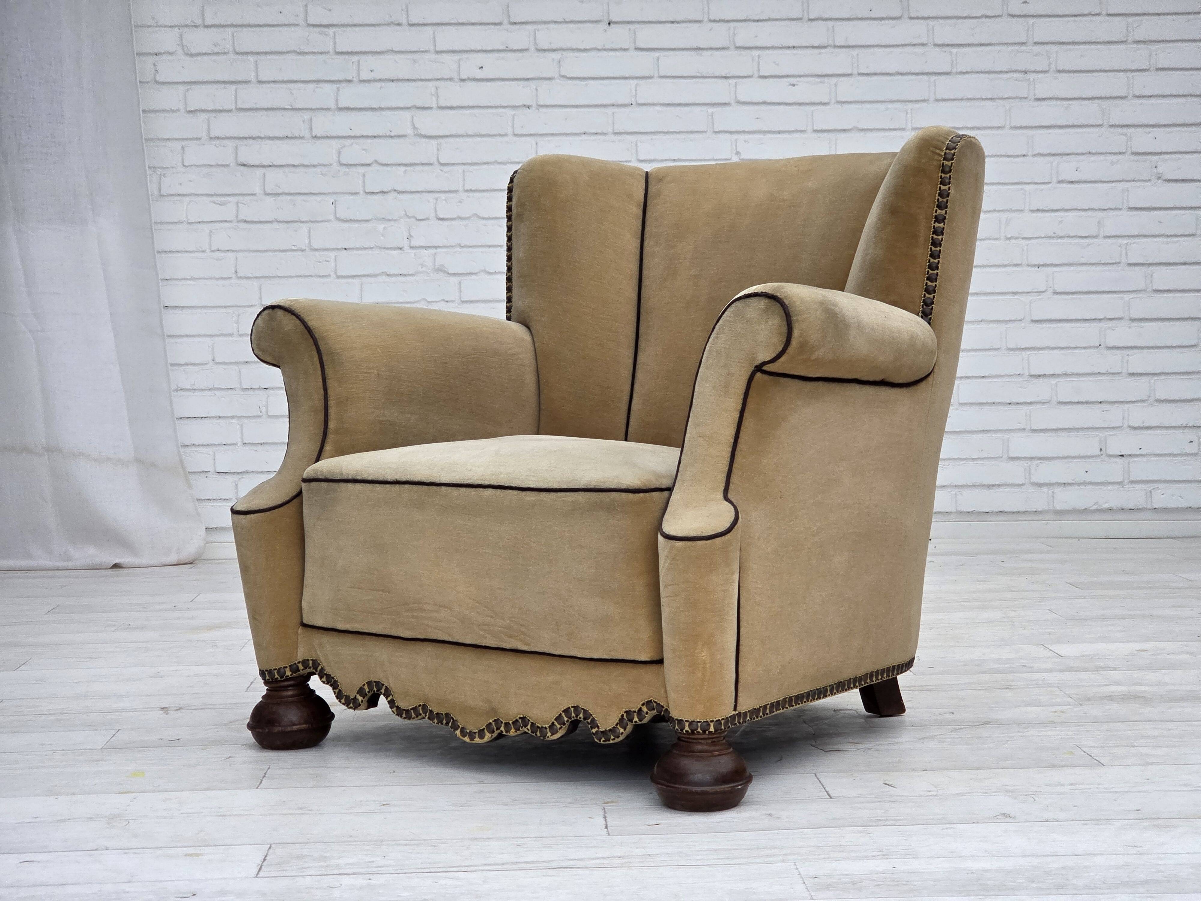 1950s, Danish relax chair, furniture velour with patina, oak wood legs.