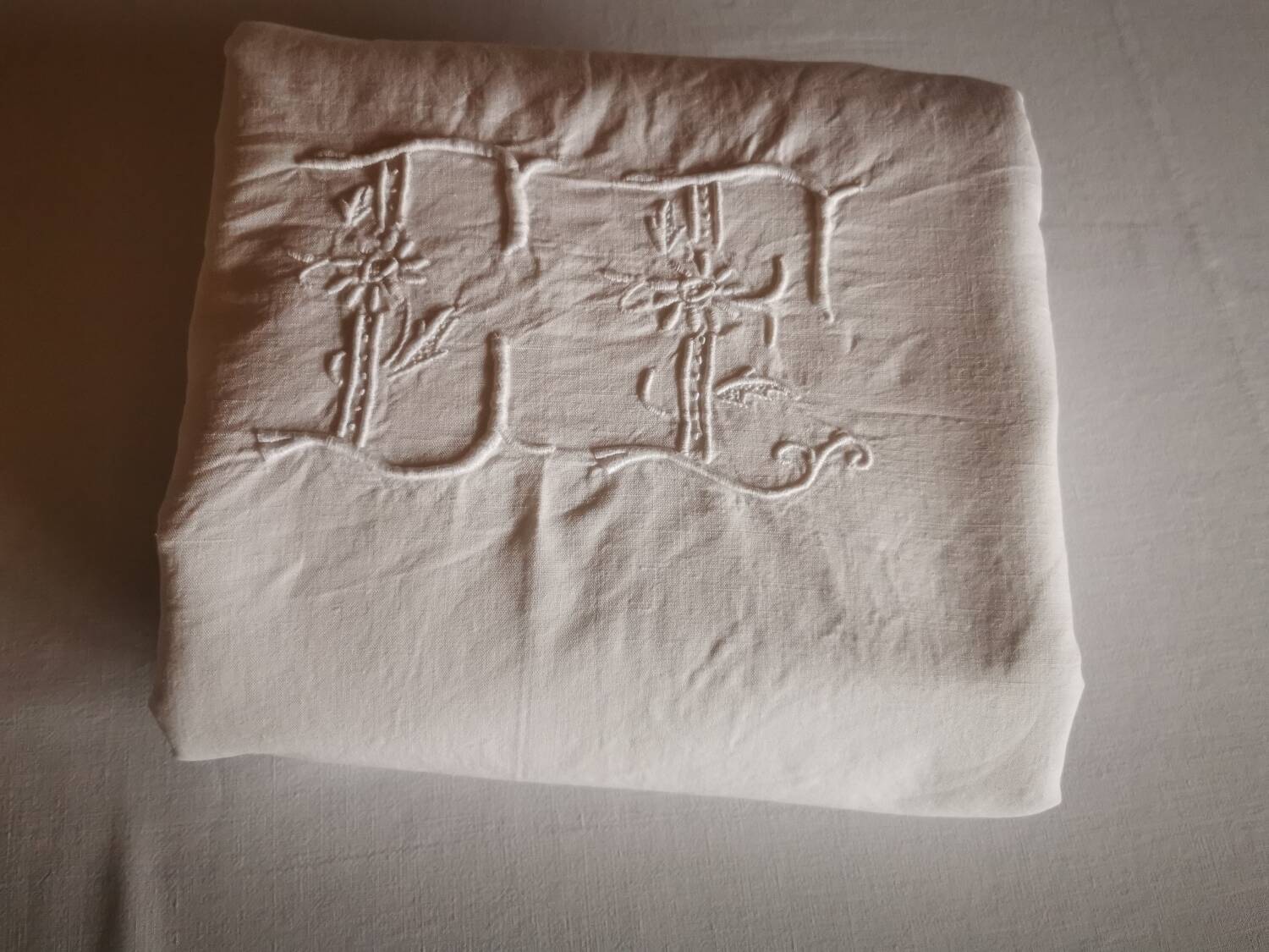 Old large linen sheet monogrammed CP