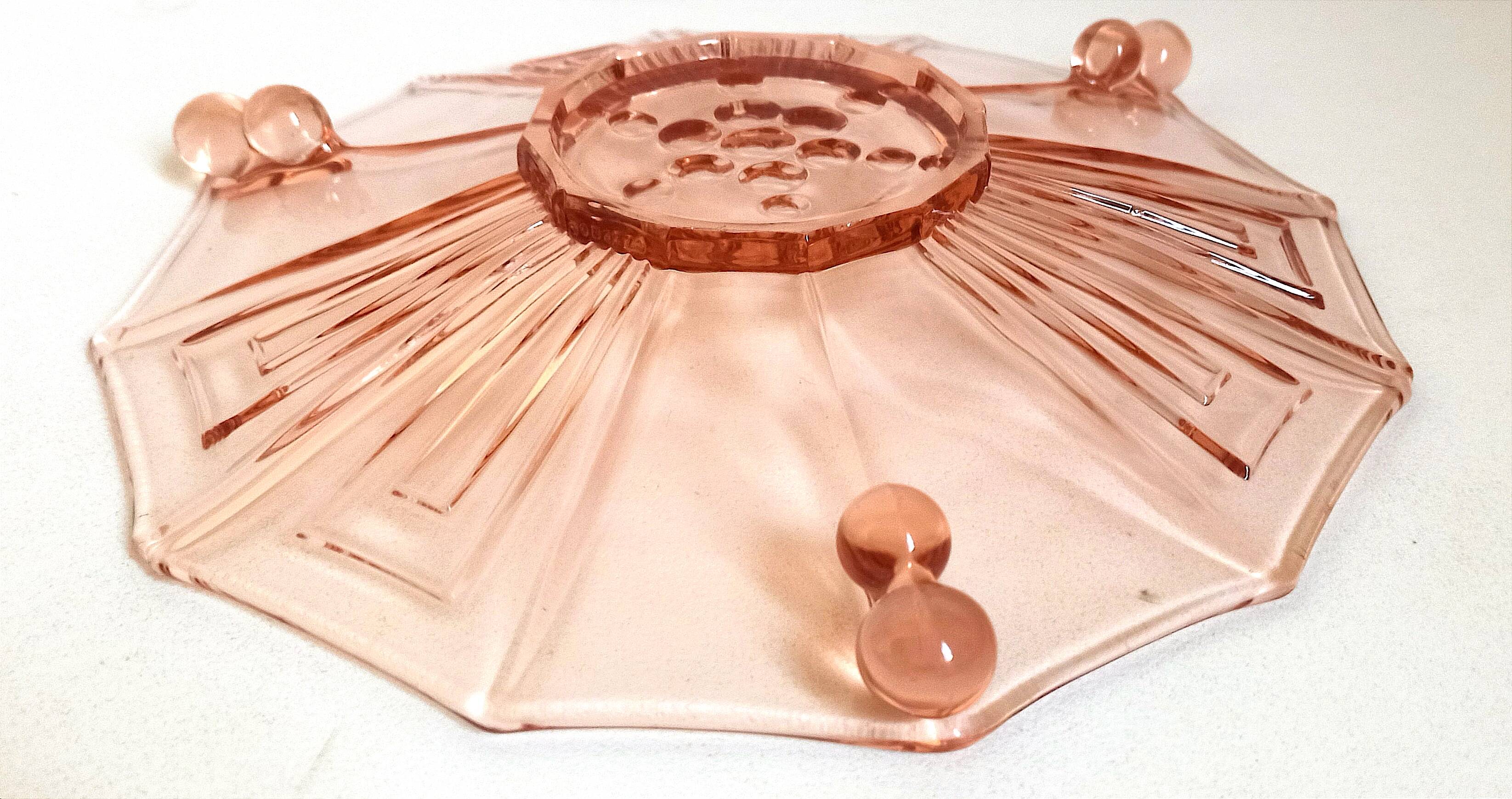 Art Deco pressed molded pink glass fruit bowl Diameter 30 cm.
