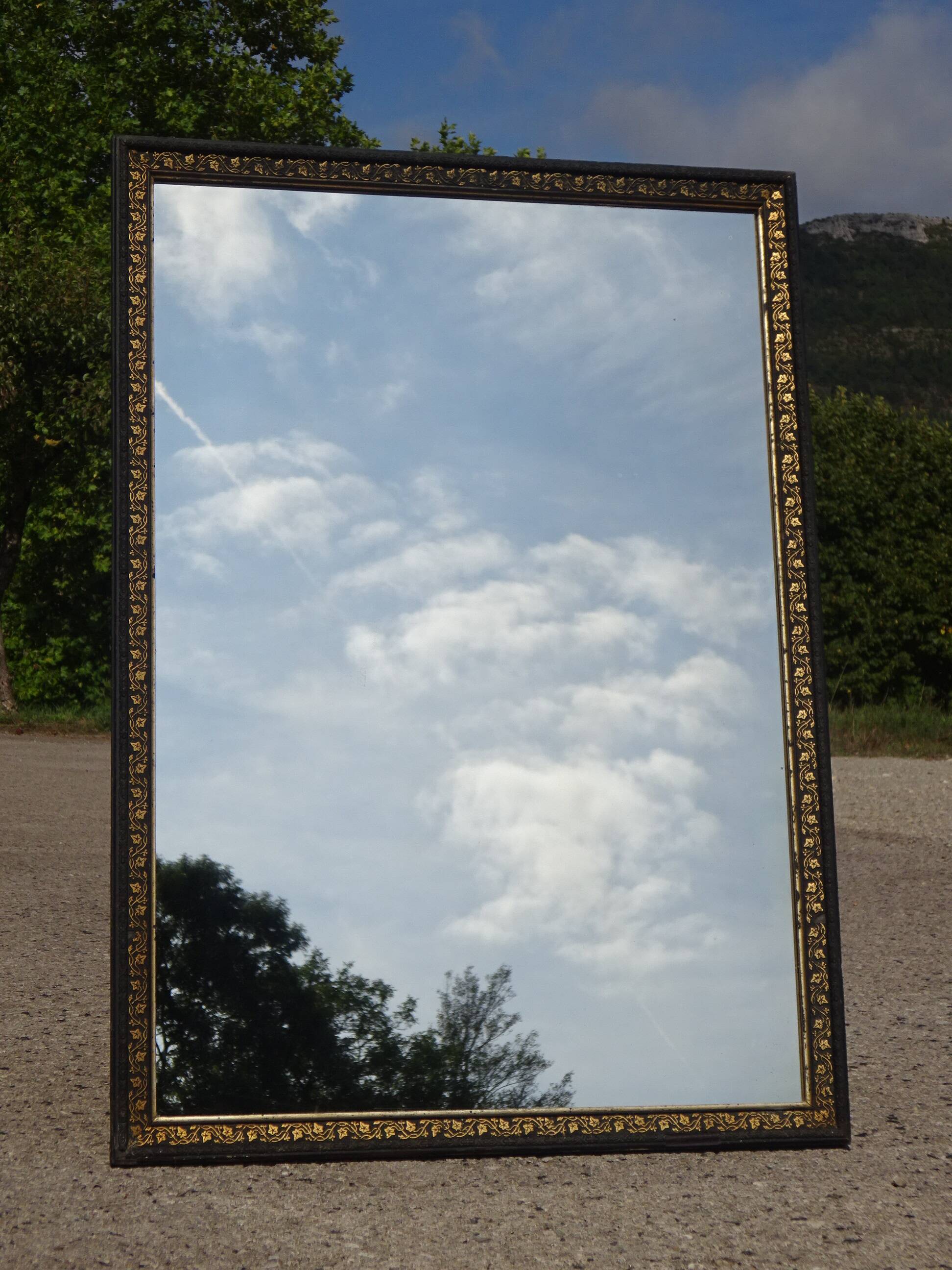 Mirror with black and gold frame, embossed vine leaves