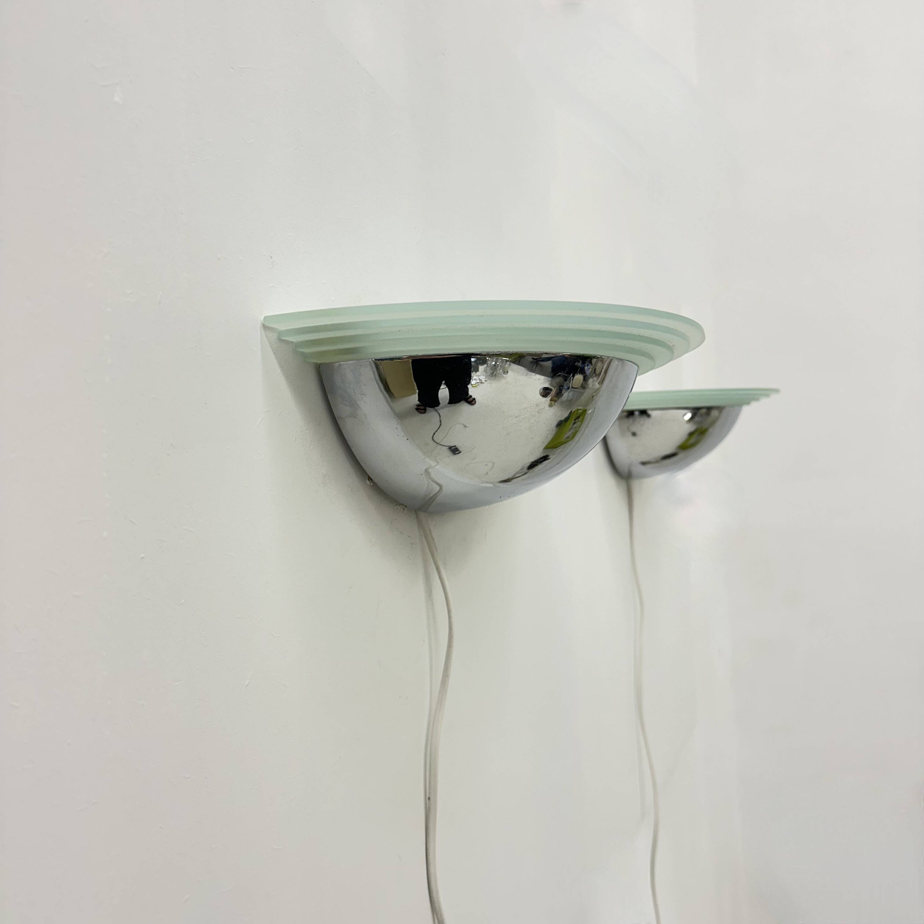 Pair of post modern wall lamps chrome and glass , 1980s
