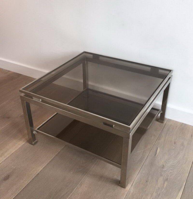 Pair of side tables in brushed steel. Guy Lefèvre for Maison Jansen