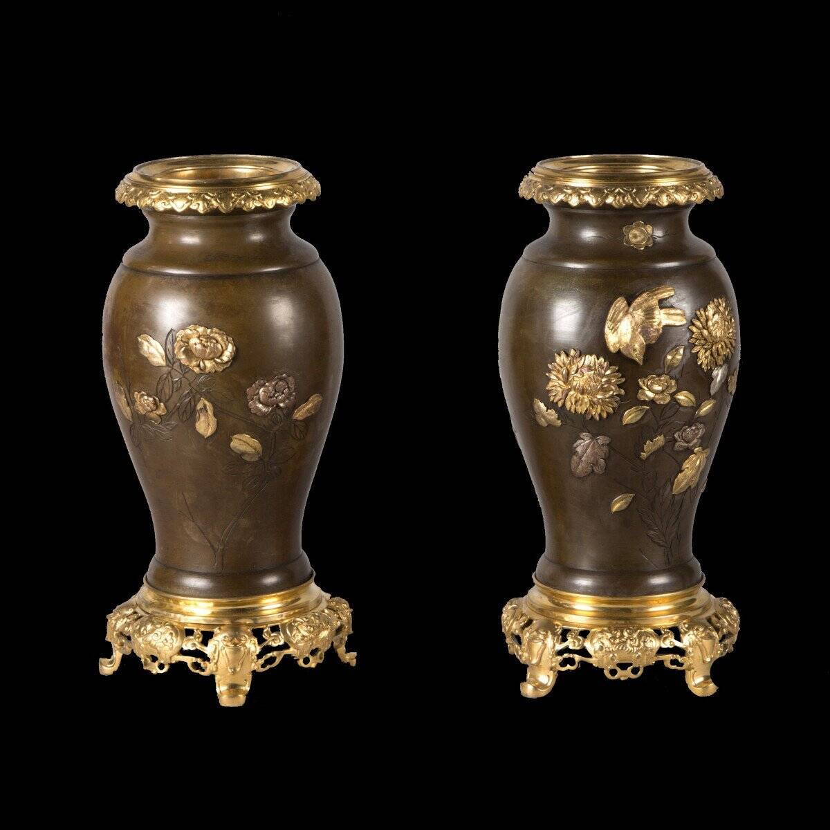 Pair of Japanese Candelabra - Meiji Base with Shakudo Decoration