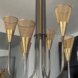 Lustre vintage en laiton et rigitulle 6 feux