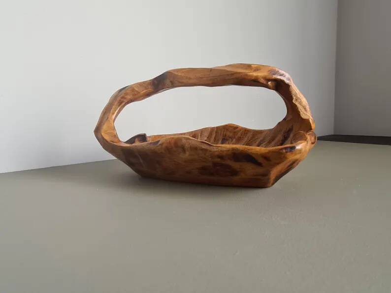Hand-carved wooden empty pocket basket vintage French