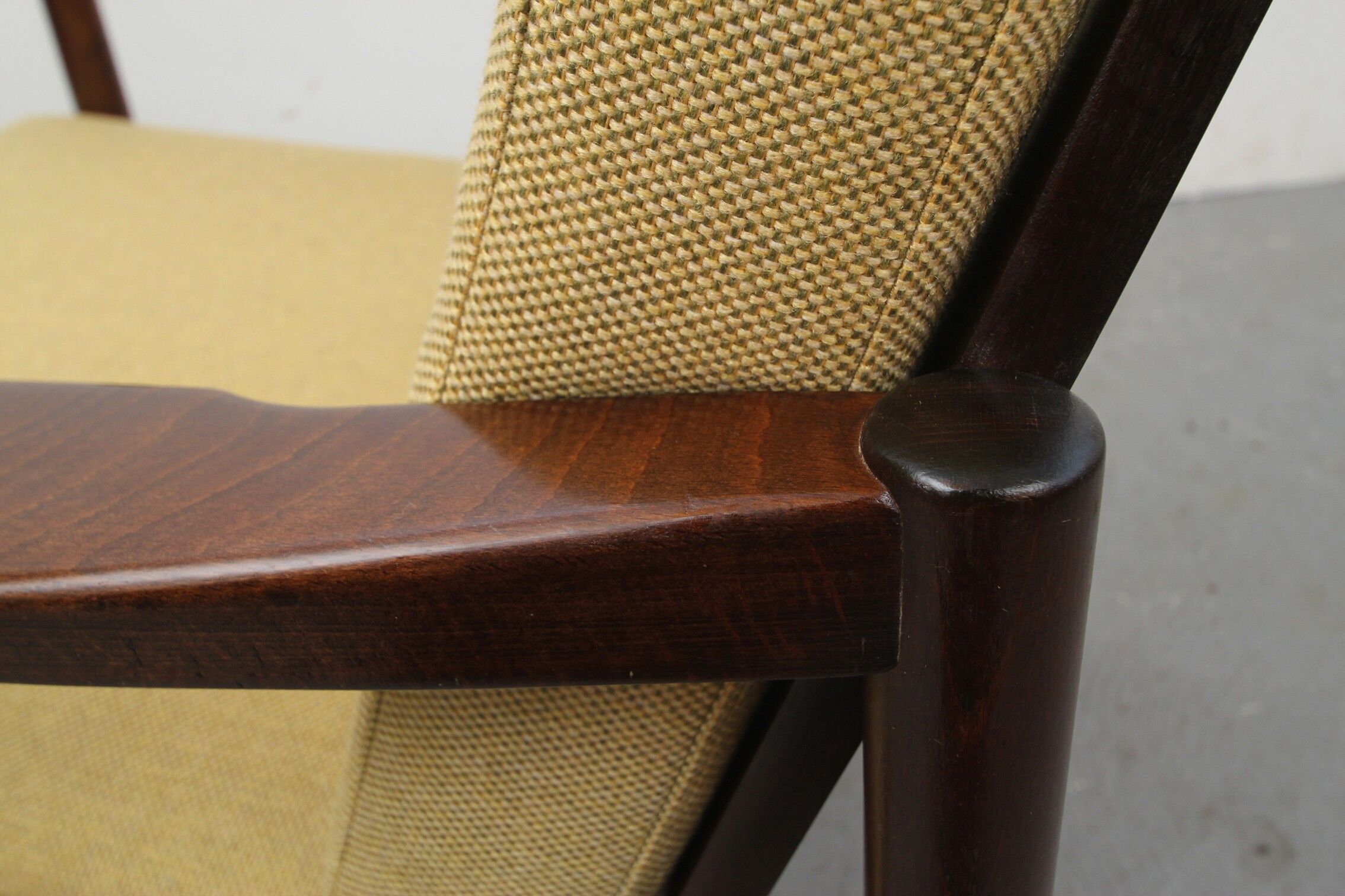 Mid-century walnut armchair in yellow 1960s