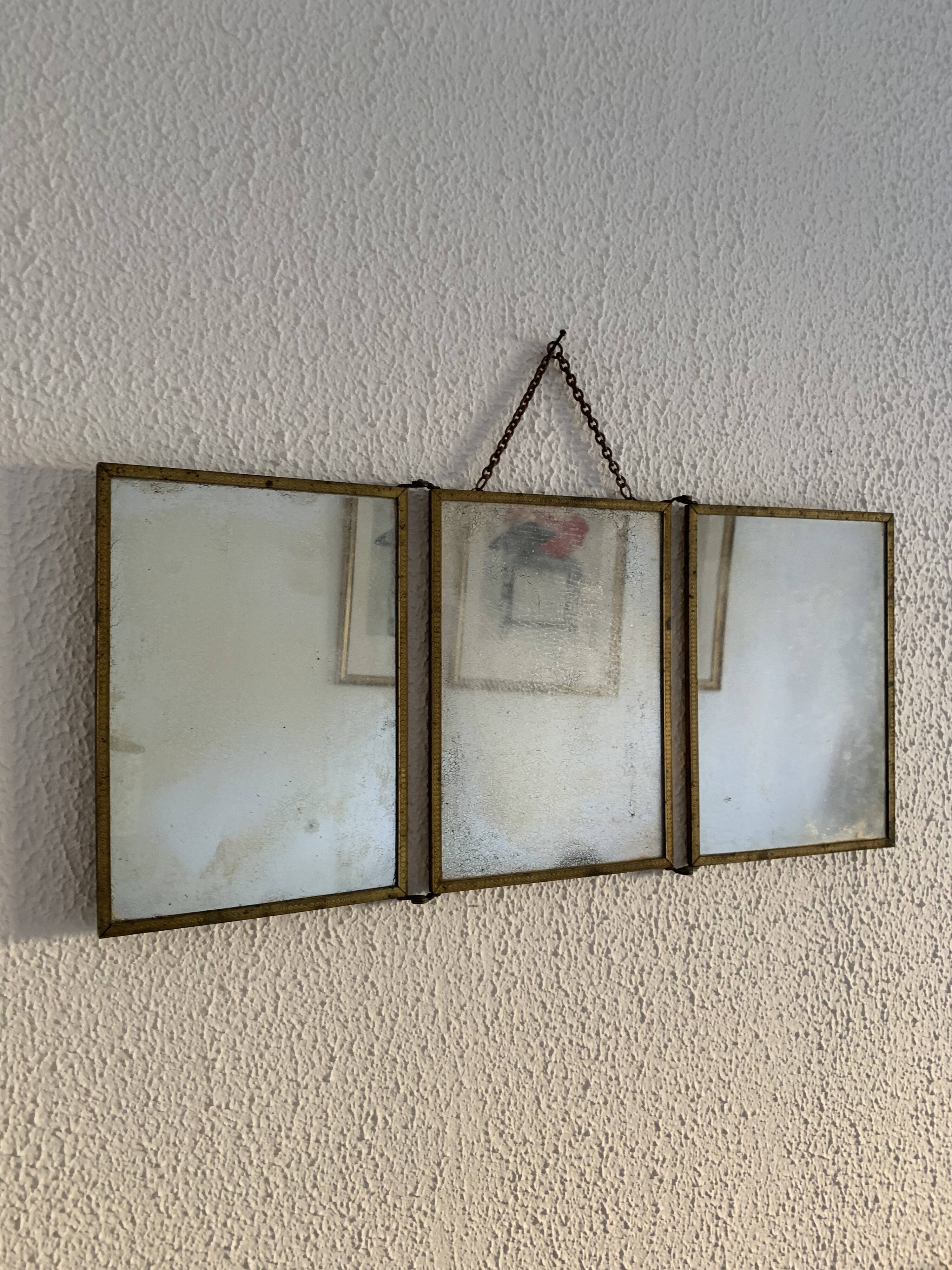Miroir vintage 1900 triptyque barbier Art Nouveau doré - 21 x 48 cm