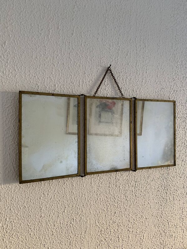 Miroir vintage 1900 triptyque barbier Art Nouveau doré - 21 x 48 cm