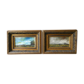Pair of paintings, oil on panel, landscapes, characters