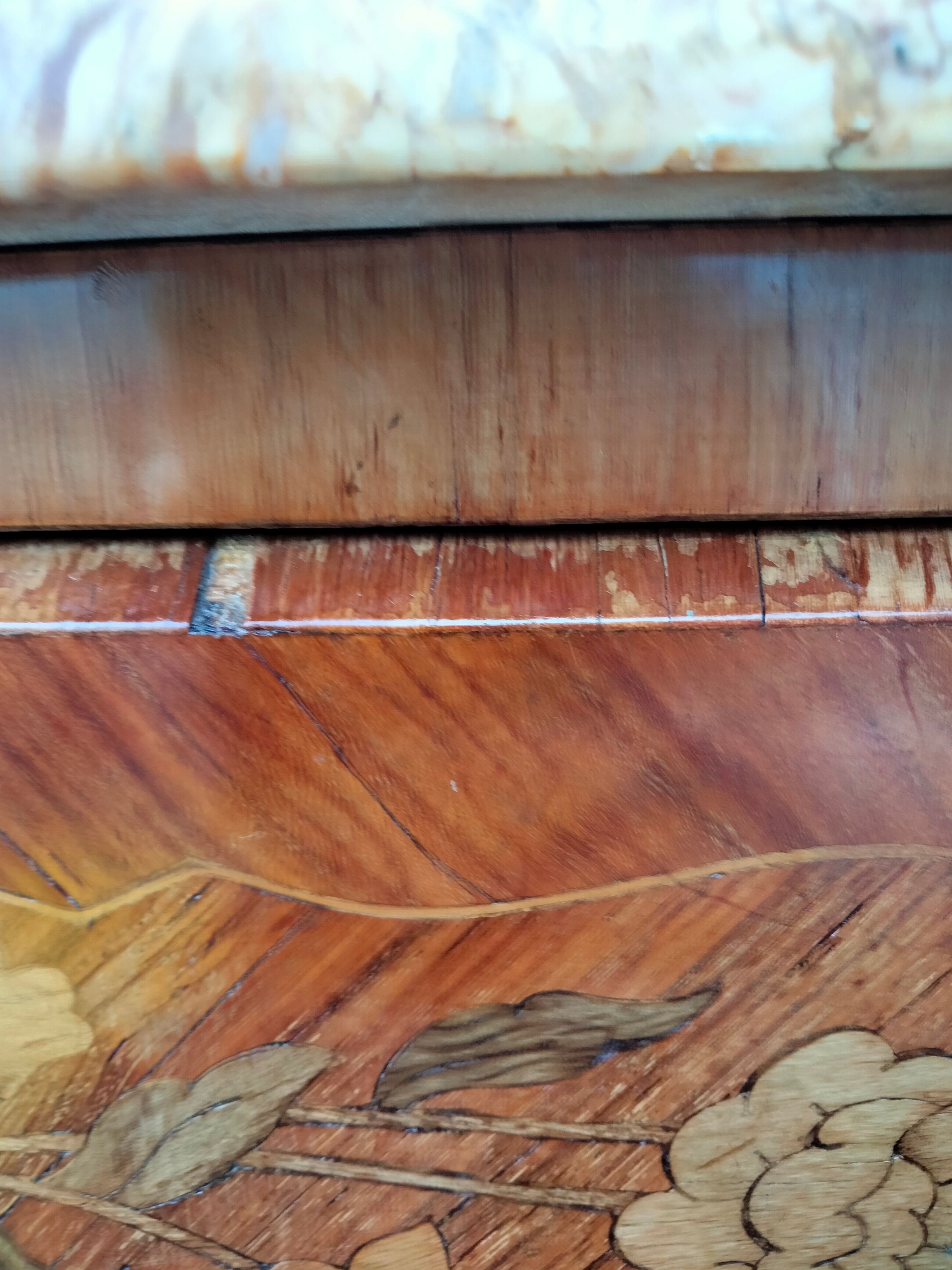 Chest of drawers old marquetry marble top Louis XV style