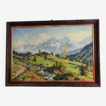 Peinture sur toile représentant le Mont Blanc. Aux alentours de 1970