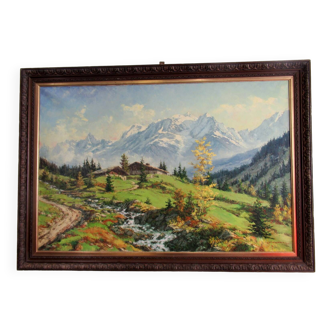 Peinture sur toile représentant le Mont Blanc. Aux alentours de 1970