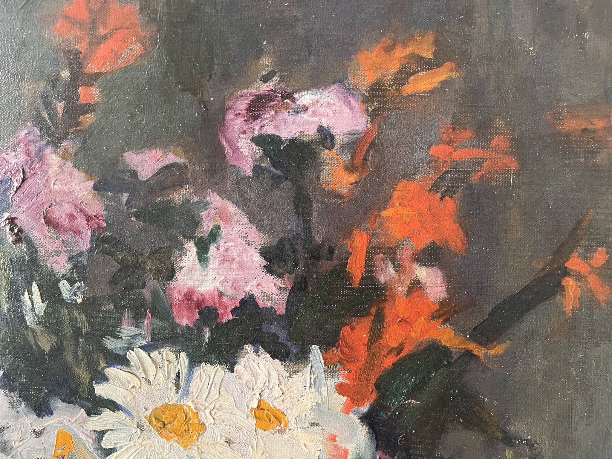 Large oil on canvas of a still life with flowers 1929, antique painting.