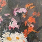 Large oil on canvas of a still life with flowers 1929, antique painting.