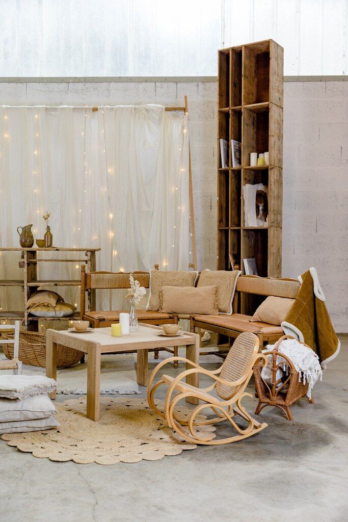 Wooden & straw corner bench